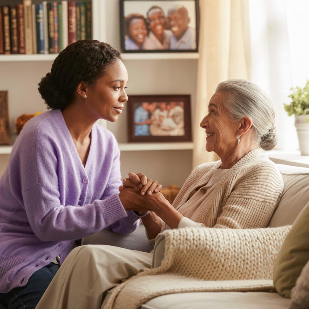 Black woman smiling warmly at her elderly parent while assisting them in a cozy living room.