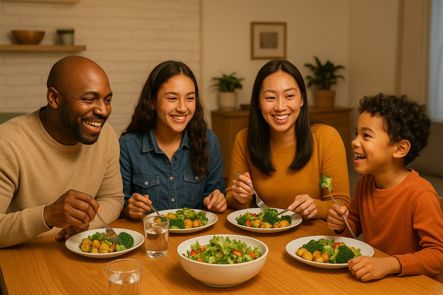 A multicultural family of four—father, mother, teenage daughter, and young son—smiling and enjoying a meal together at the dining table. The family fun event is filled with warmth and happiness.