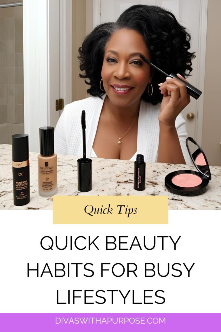 Woman applying mascara with essential makeup products like foundation, mascara, and blush, highlighting a quick five-minute beauty routine.