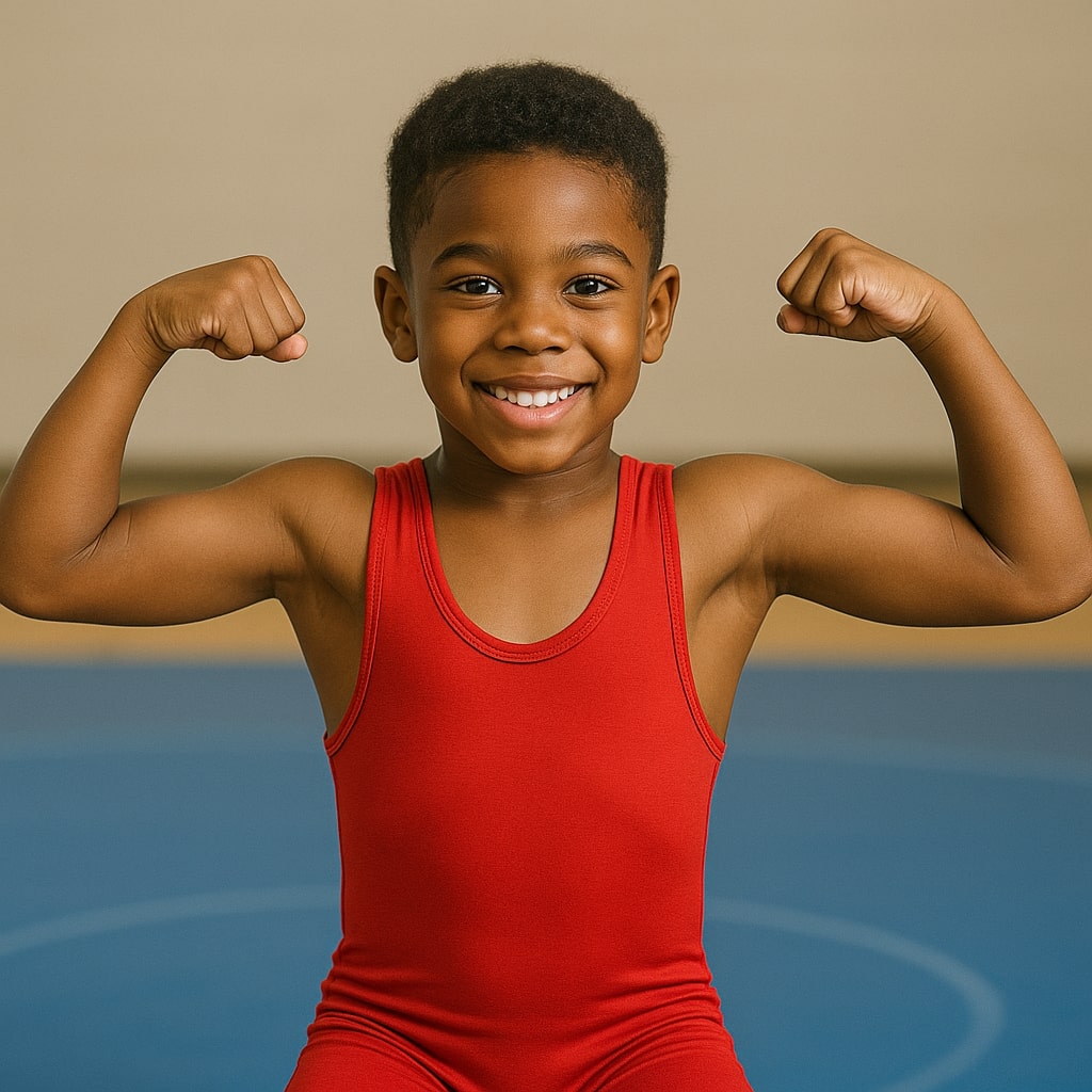 Young Black boy in a red singlet flexing his muscles with a big smile on a blue gym mat