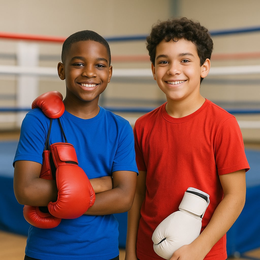 Two middle school boys smiling confidently in front of a boxing ring, each holding boxing gloves.