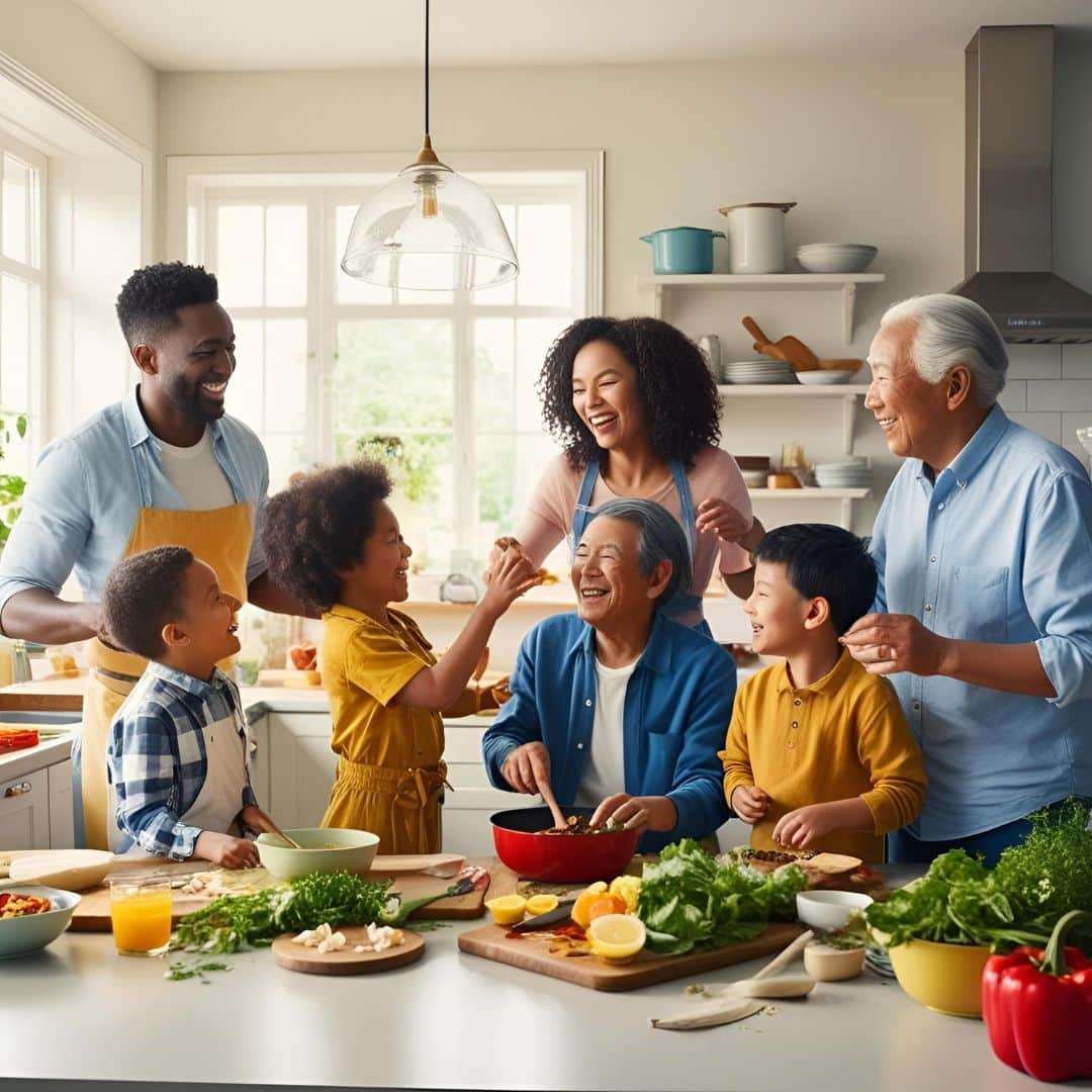 A multigenerational family joyfully cooking together in a bright kitchen, illustrating aging parent support through shared moments.