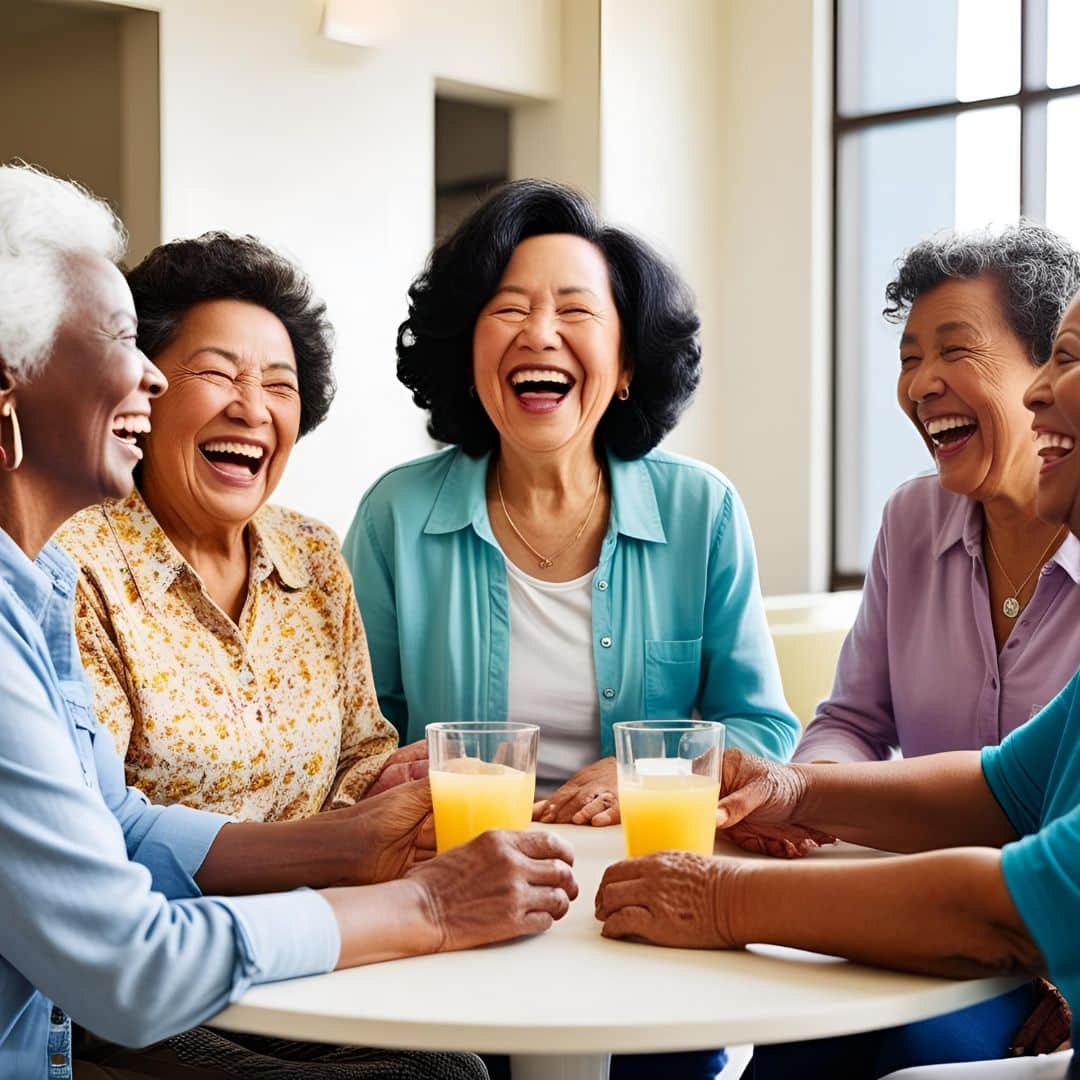 Group of older women from diverse backgrounds laughing together over drinks, representing community-based aging parent support.