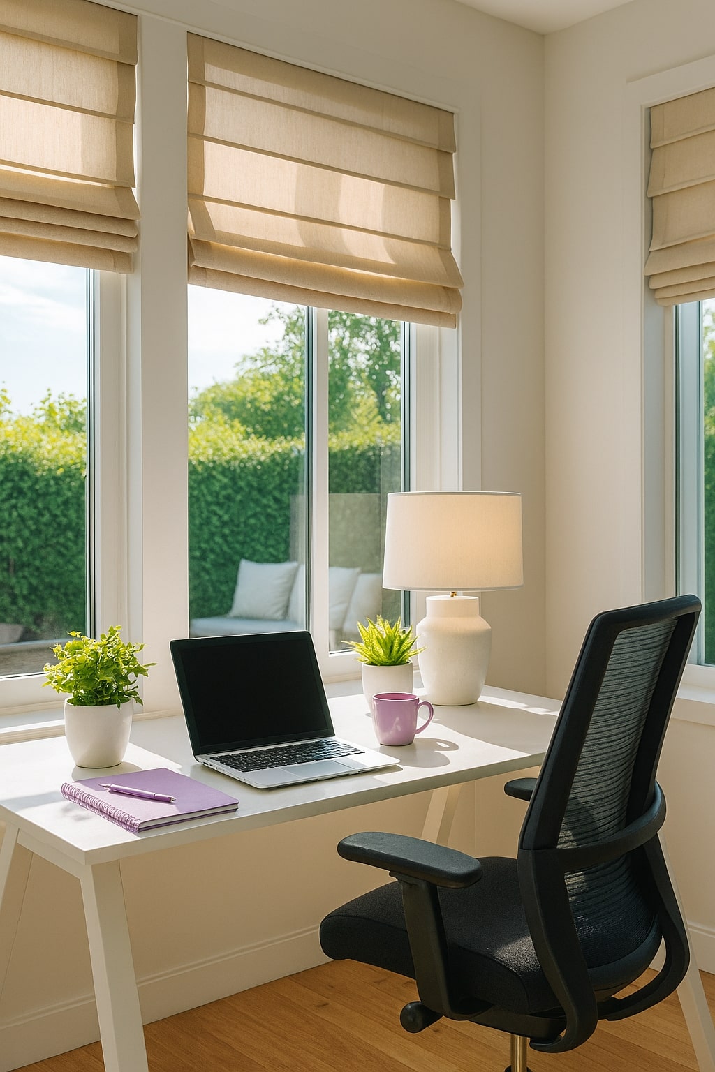 A bright, sunlit home office with beige Roman shades, a white desk featuring a laptop, purple notebook and mug, indoor plants, and a soft white lamp—creating a peaceful workspace designed to boost your mood and productivity.