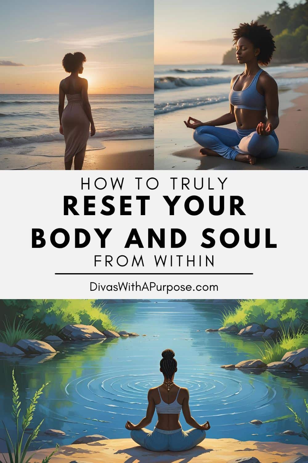 Pinterest graphic featuring a woman meditating on the beach and in nature, with the text: "How to Truly Reset Your Body and Soul from Within – DivasWithAPurpose.com"