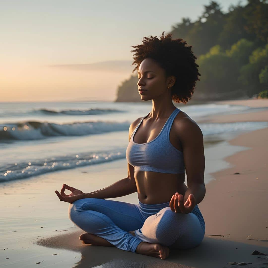 A woman meditating in lotus pose on a peaceful beach at sunrise, practicing mindfulness to reset her body and soul.