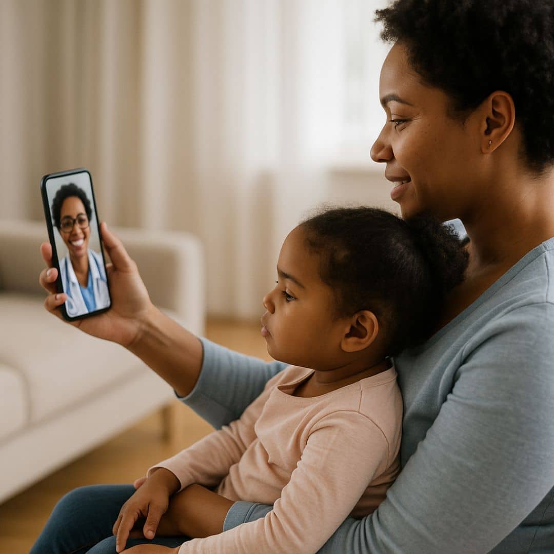 Mother and young daughter video-chatting with their concierge pediatrician for quick, on-demand medical guidance.