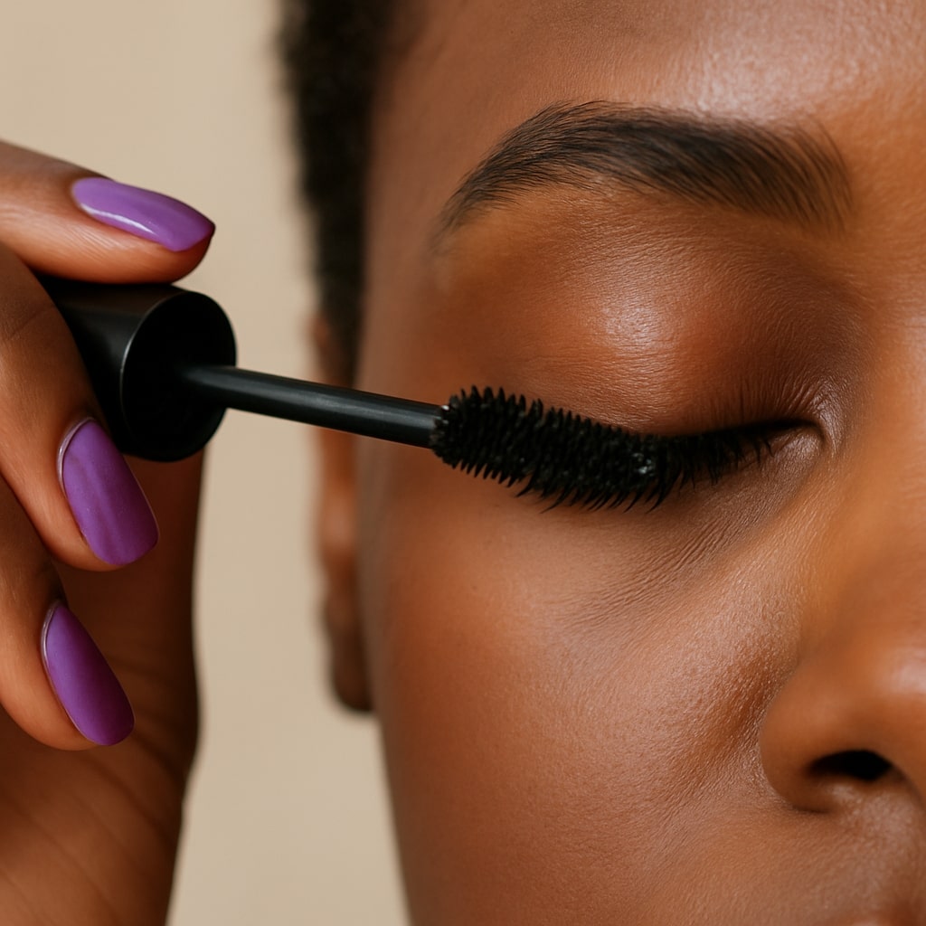 Close-up of mascara wand applying lash growth mascara to upper lashes.