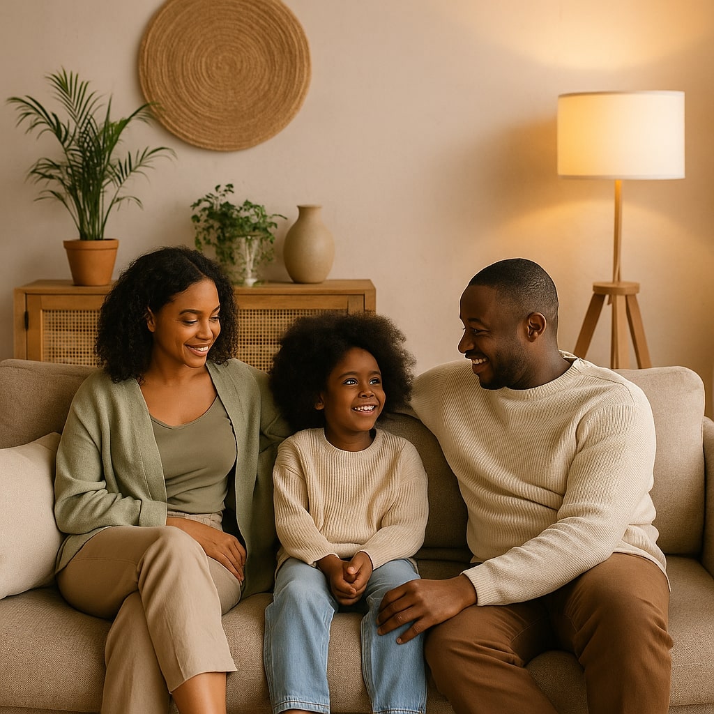 Black family relaxing together in a cozy, minimalist living room with warm lighting and natural textures