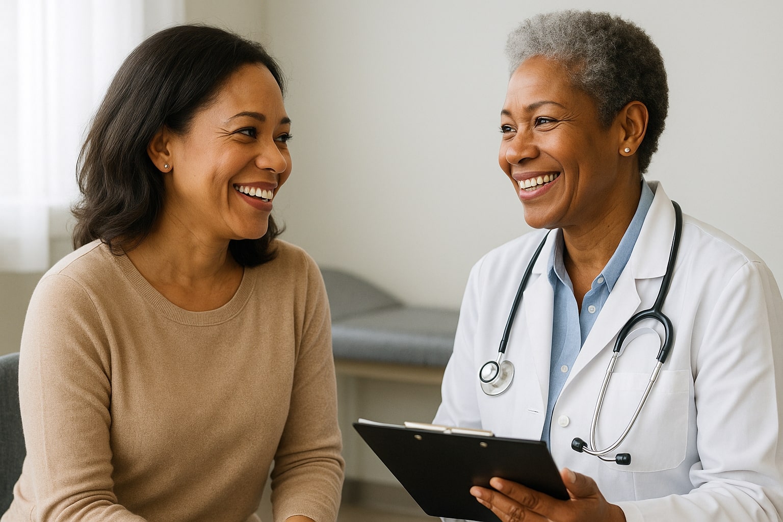 An African American woman in her mid-40s smiles and talks with an African American female doctor in a softly lit exam room, both looking engaged and attentive.