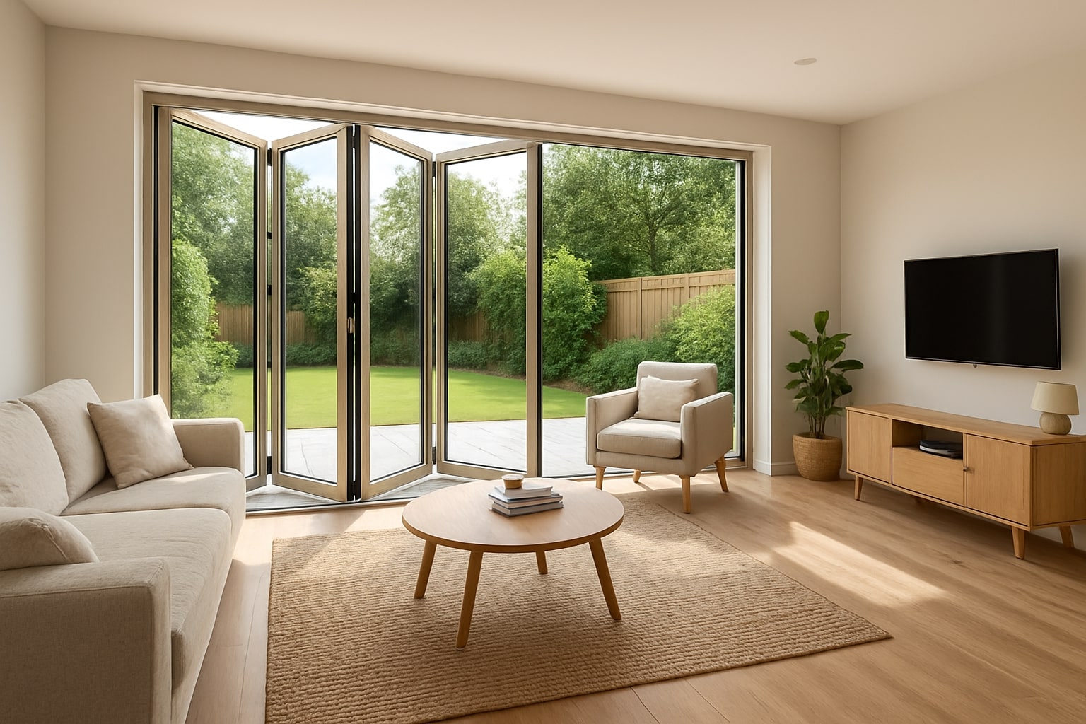 Modern living room with bifold doors opening to a garden, showcasing an airy and light-filled space