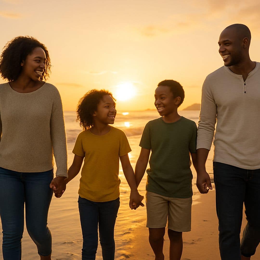 Family walking hand-in-hand along an Orange County beach at sunset—symbolizing the preventive, relationship-based care outcomes of concierge pediatrics.