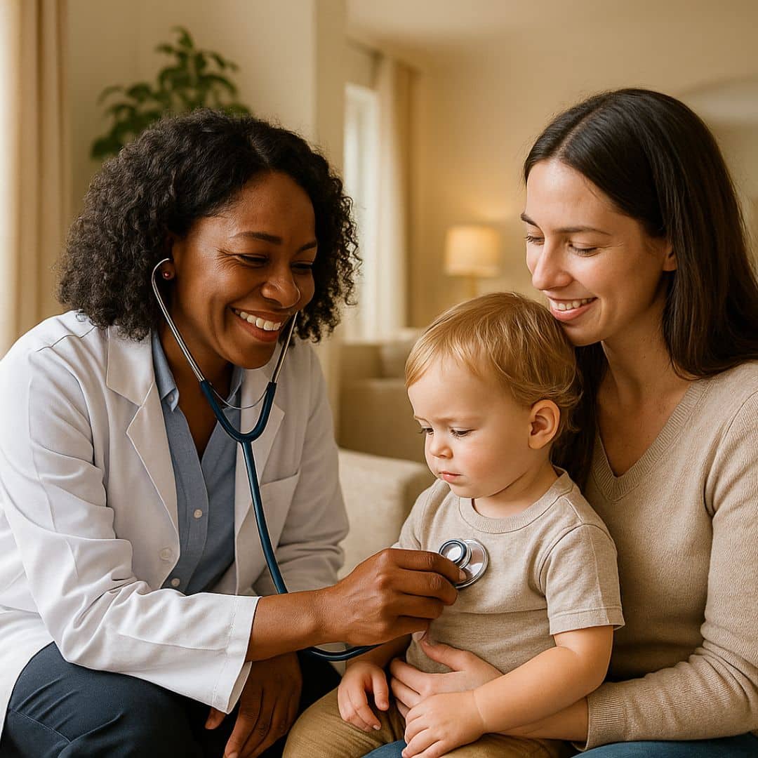 Black female concierge pediatrician listening to a toddler’s heartbeat during a house call in an Orange County living room.