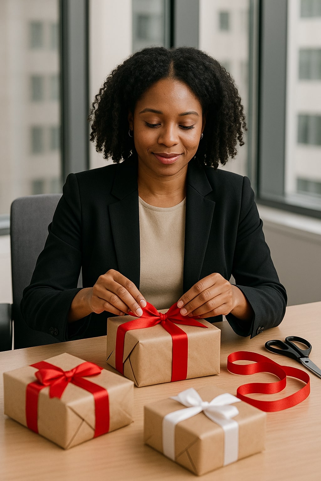 Black woman in a business suit wrapping gifts with red ribbon at an office table