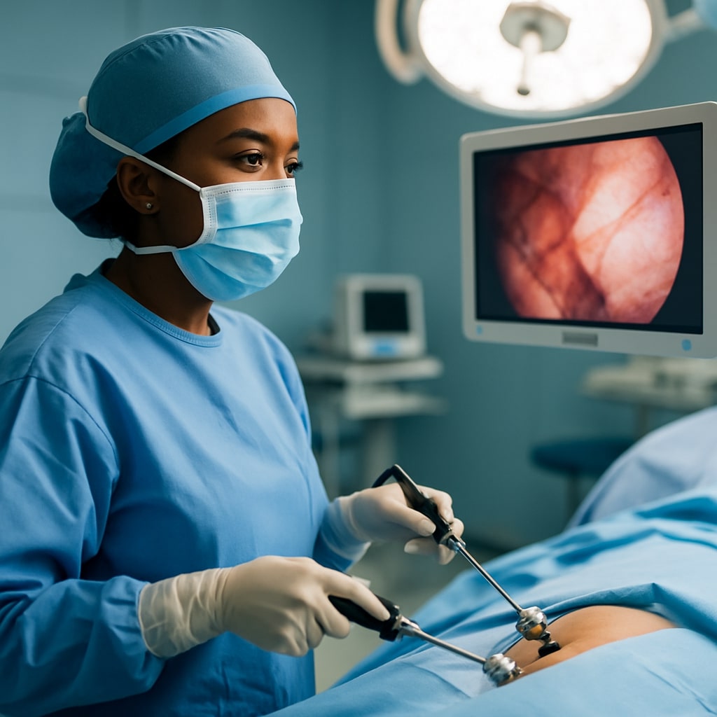 African American female surgeon performing minimally invasive surgery with advanced imaging technology in a modern operating room.