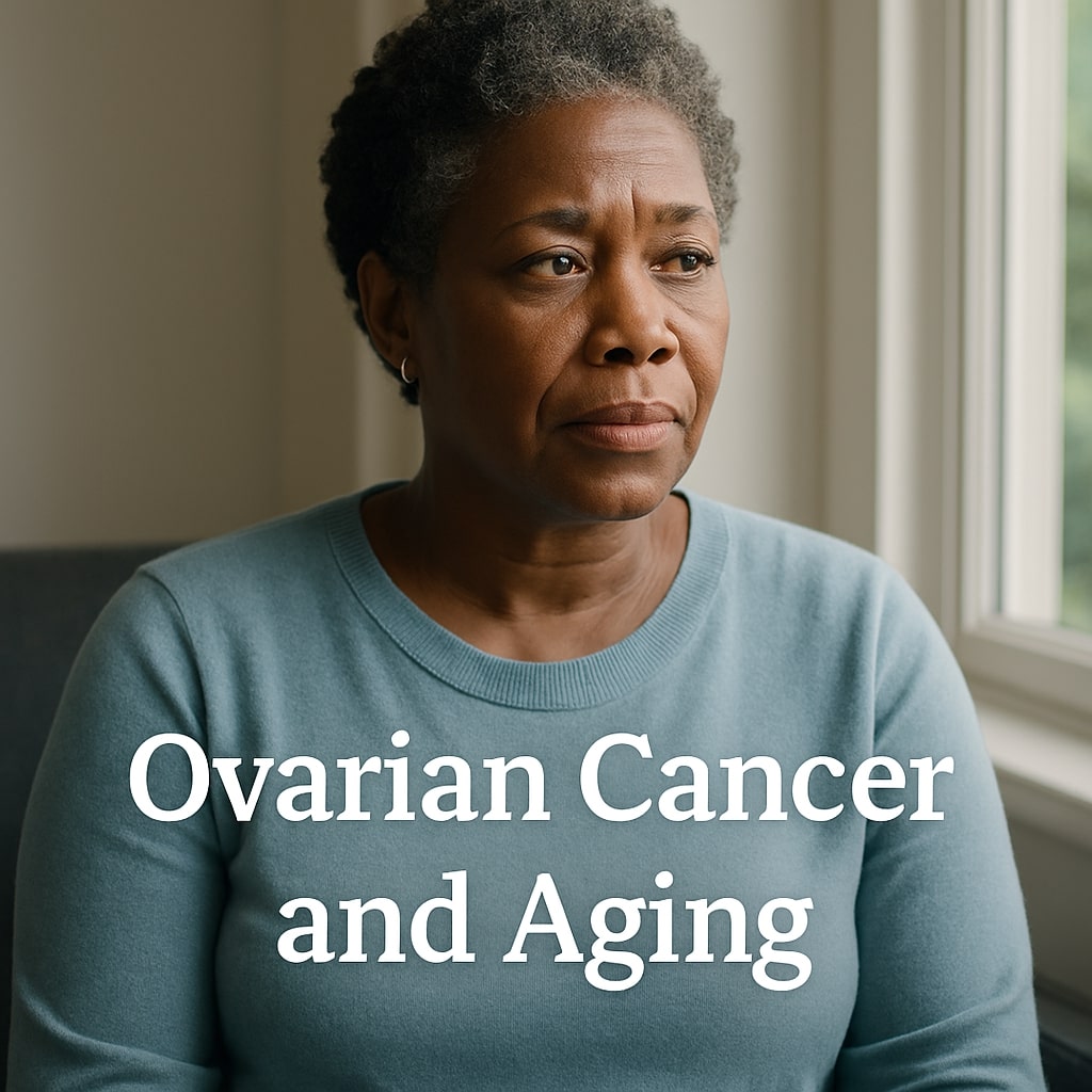 Thoughtful African American woman in her mid-50s sitting by a window, with the text "Ovarian Cancer and Aging" overlaid on the image.