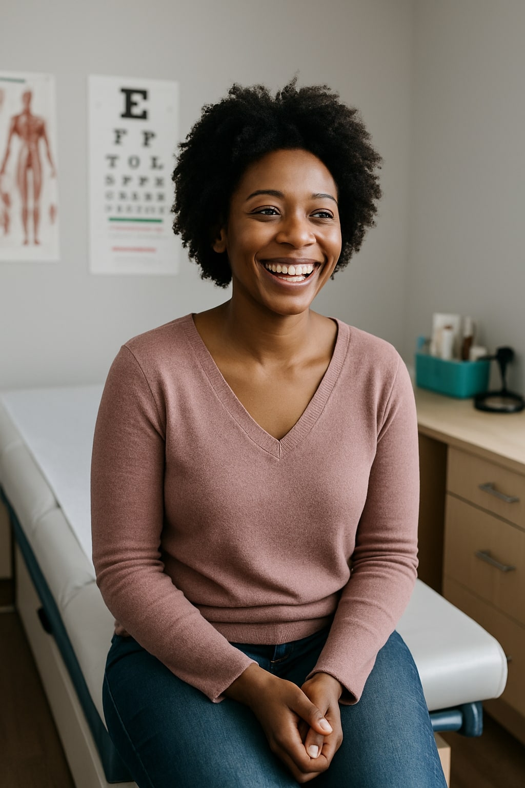 Happy African American woman recovering post-procedure in a doctor's office.