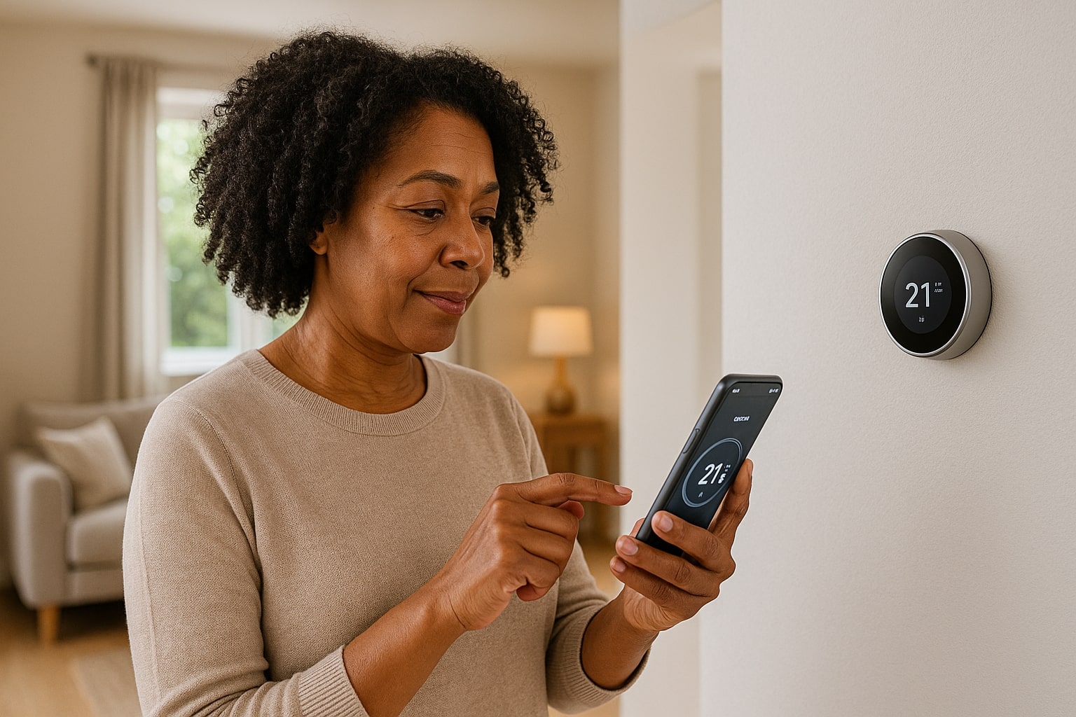 Middle-aged Black woman using her smartphone to adjust a smart thermostat in a modern home