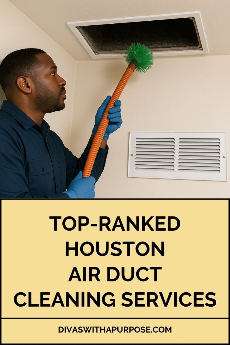 African American HVAC technician in a navy uniform cleaning a ceiling air duct with an orange hose and green brush inside a residential home.