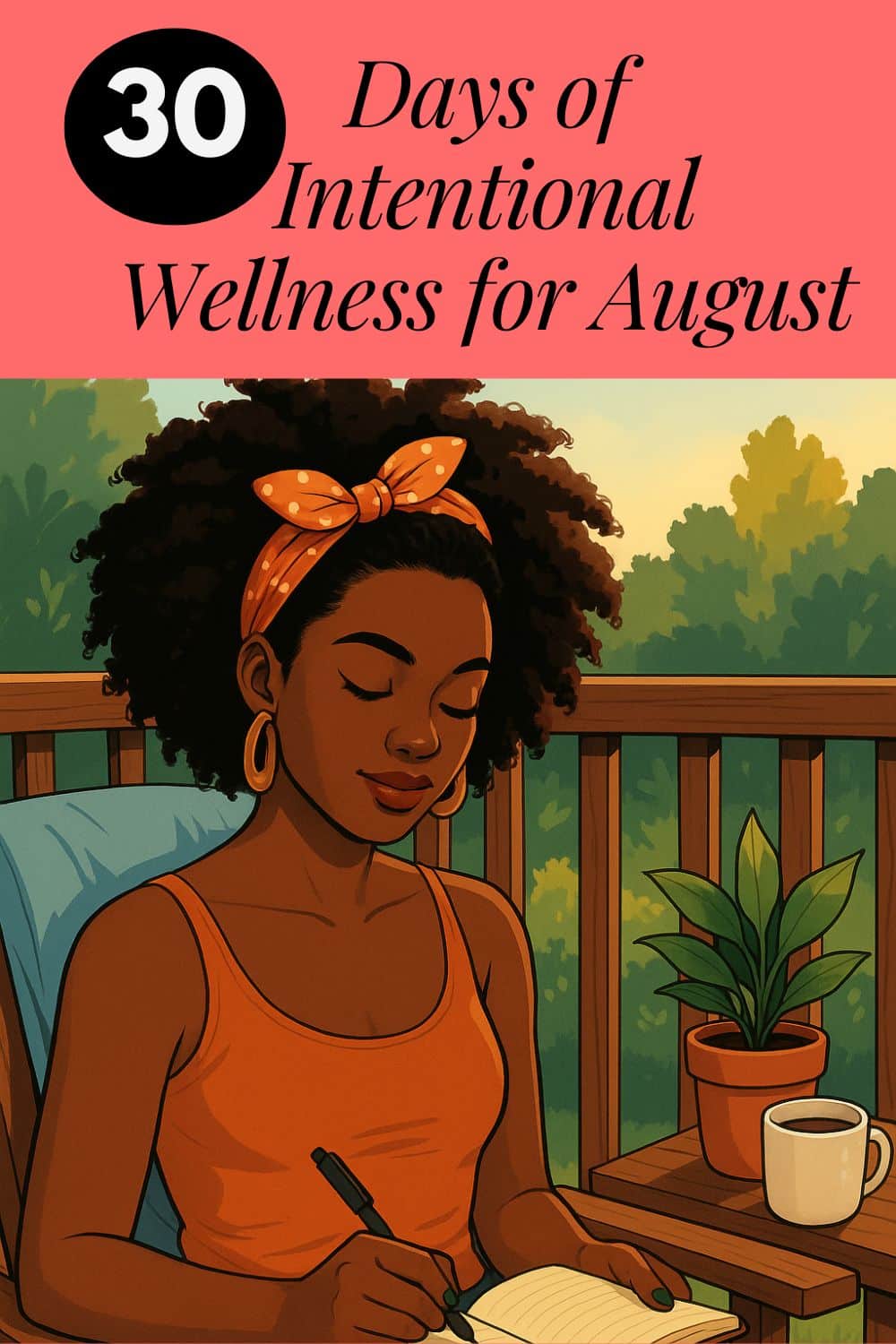 African American woman with natural hair and an orange polka-dot headband sits on a wooden deck in the afternoon sun, journaling in a cream-colored notebook with a cup of coffee nearby.