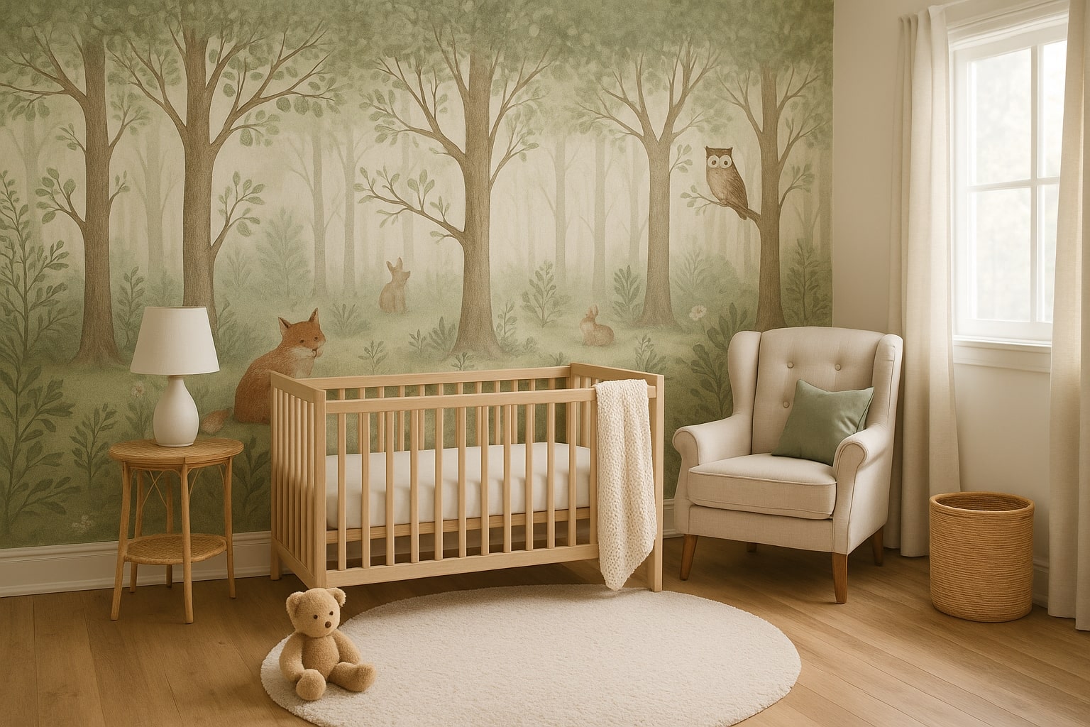 A cozy nursery with whimsical woodlands wallpaper featuring trees and woodland animals, creating a fairytale-inspired atmosphere.