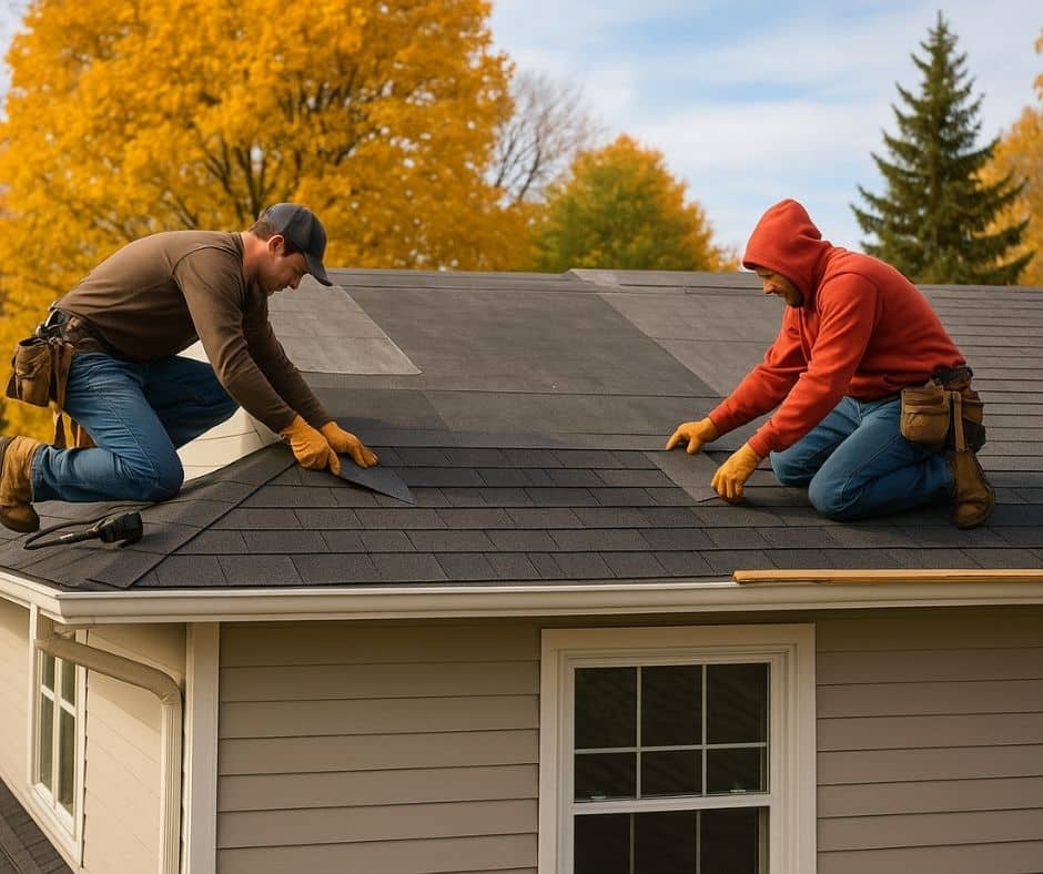 Roofing contractors installing asphalt shingles on a home in autumn, highlighting the best time to replace roof in cold climates.