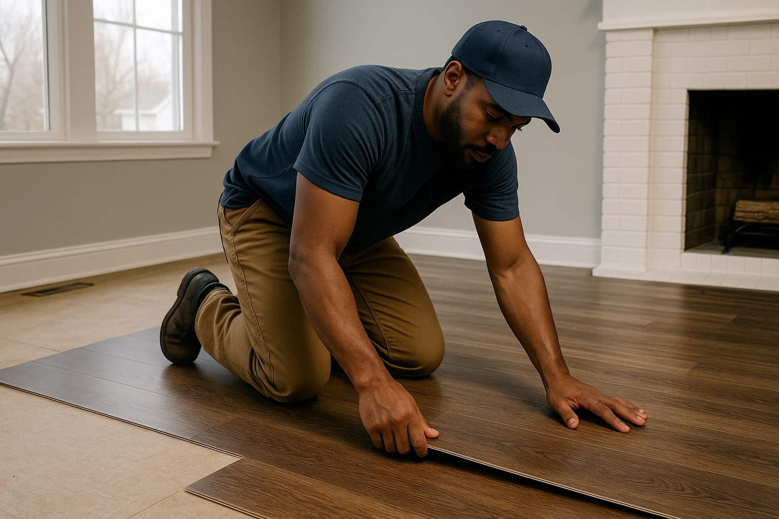 Professional installer fitting luxury vinyl flooring planks in a Utah living room.