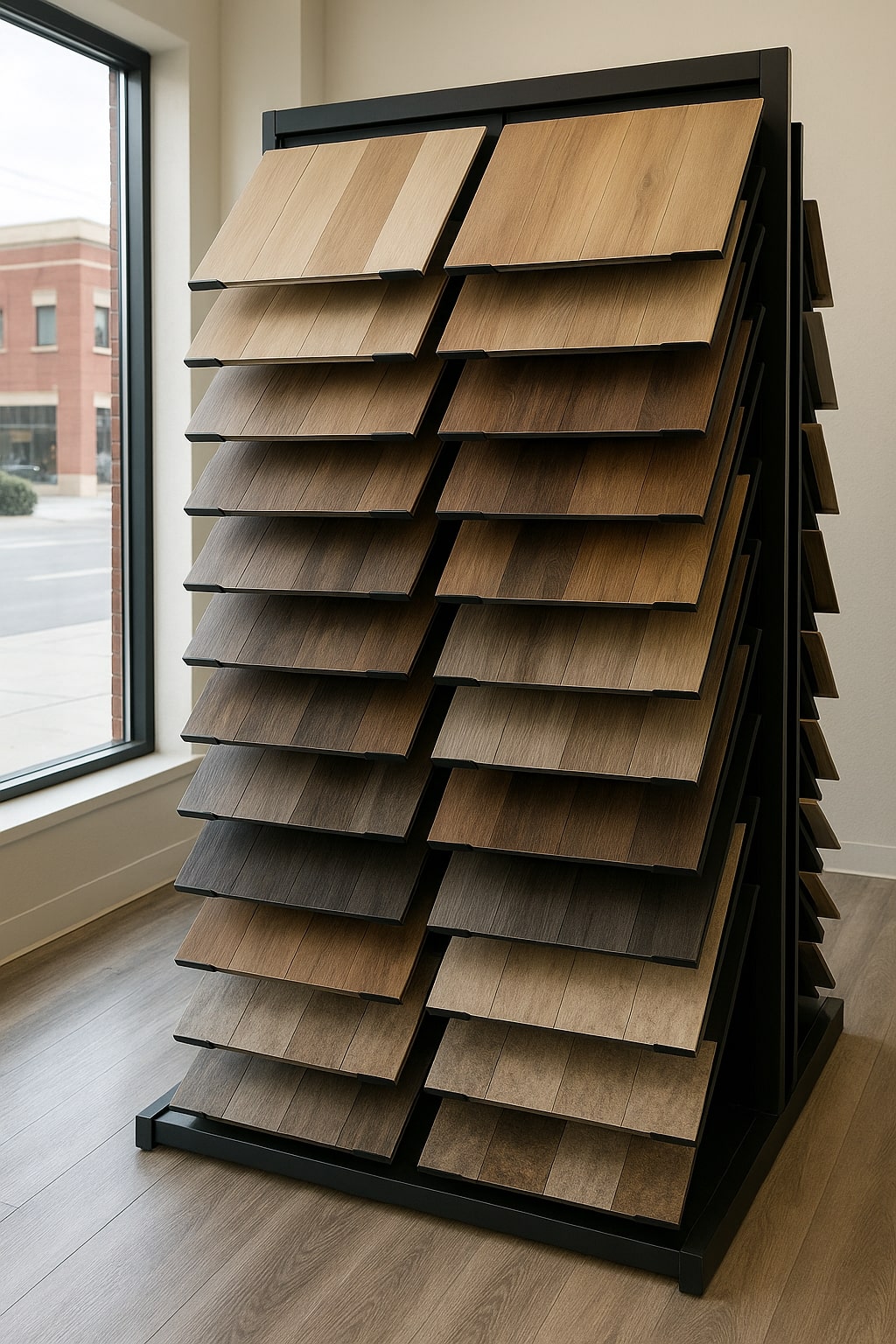 Selection of luxury vinyl plank and tile flooring samples in a Utah showroom.