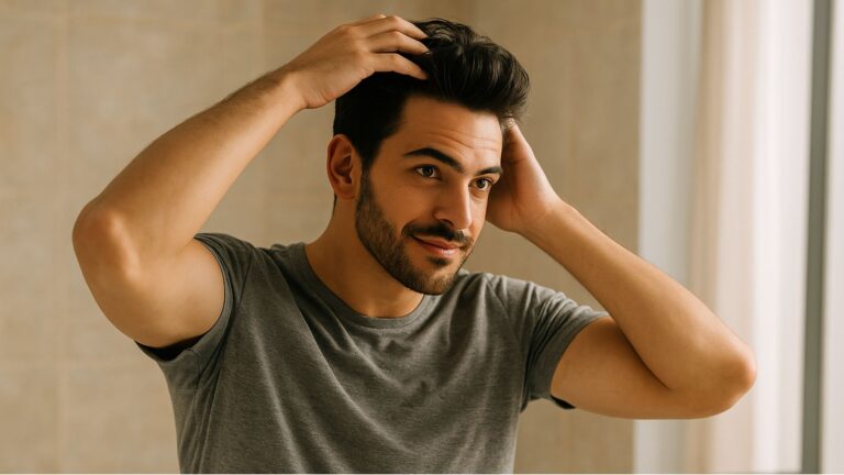 A confident man with thick, healthy hair styles it in front of a bathroom mirror under warm natural light, reflecting hair strength and vitality.