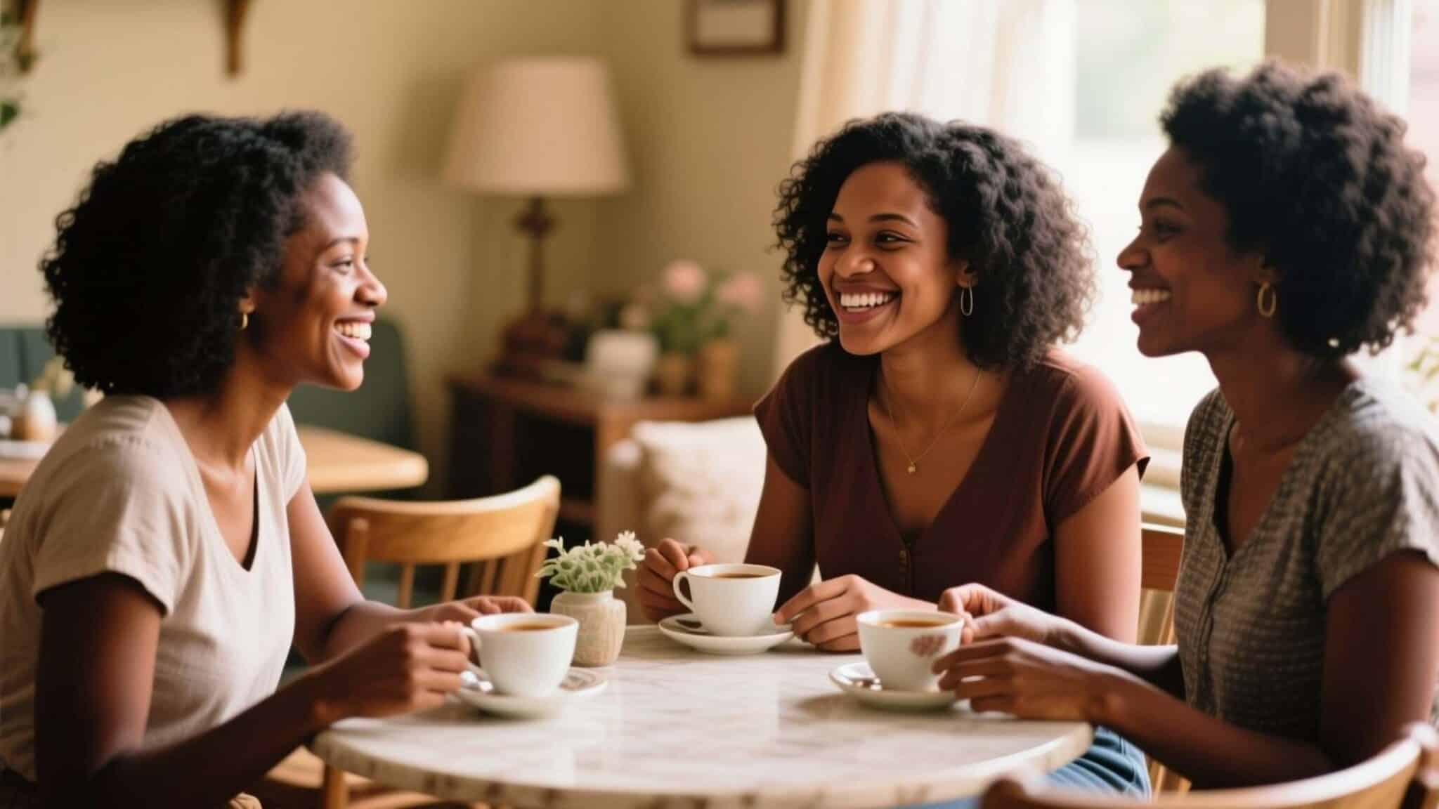 Black women sitting together over tea, smiling and connecting in conversation, representing friendship and community wellness.