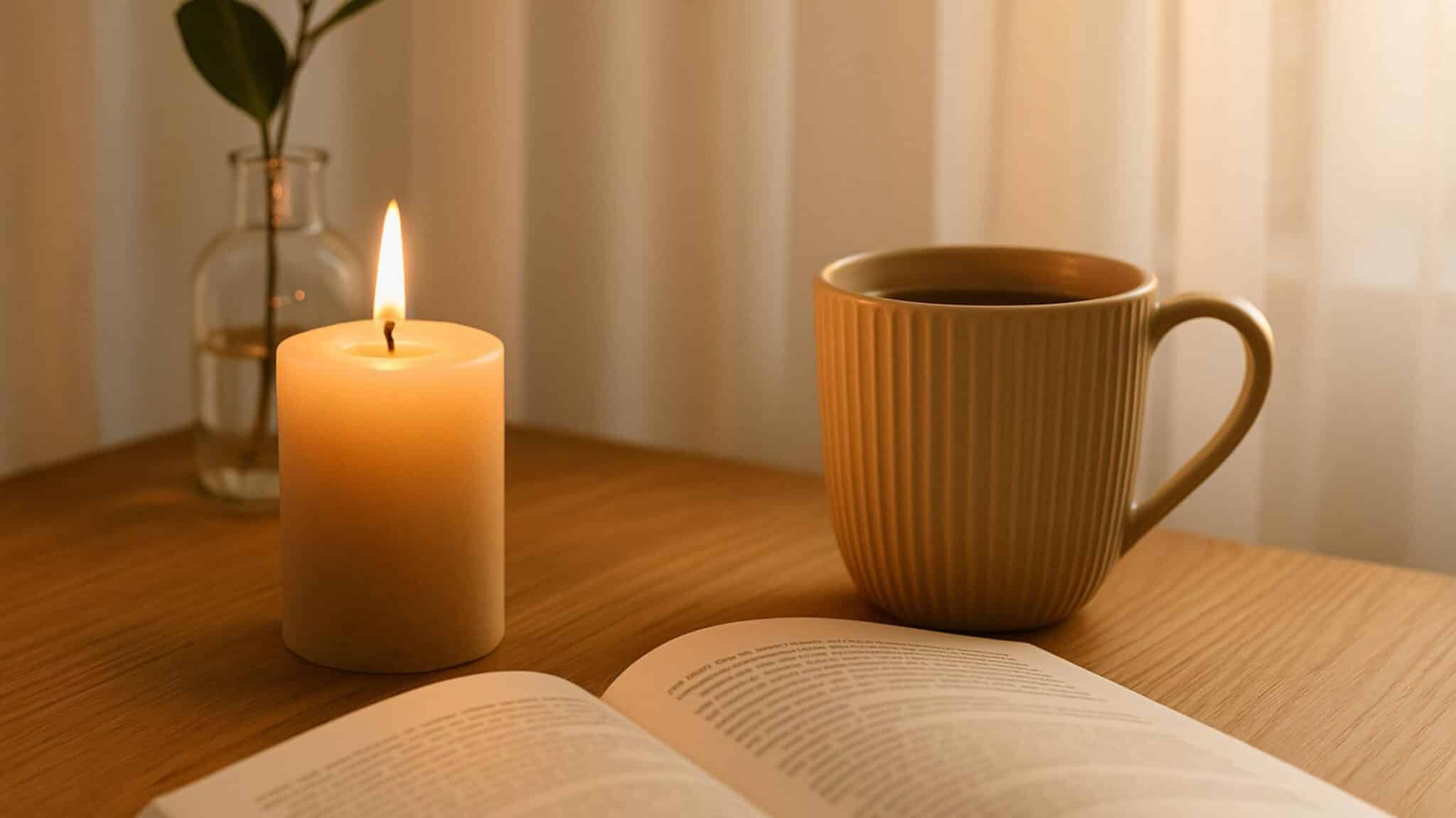A lit candle, warm coffee mug, and open book on a wooden table near a window with soft morning light and a cozy blanket.