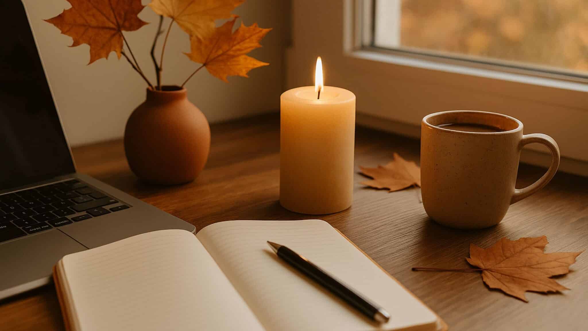 A warm fall workspace with a candle, mug, open notebook, and autumn leaves near a window, creating a cozy atmosphere for journaling and reflection.
