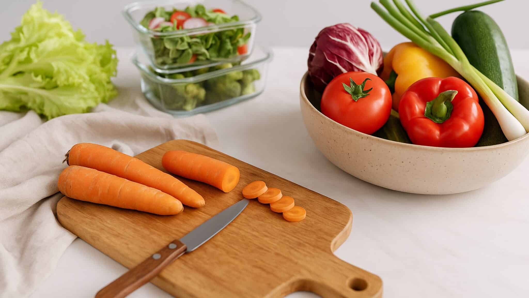 Fresh vegetables on a cutting board and in glass containers on a bright kitchen counter, ready for meal prep with natural spring light.