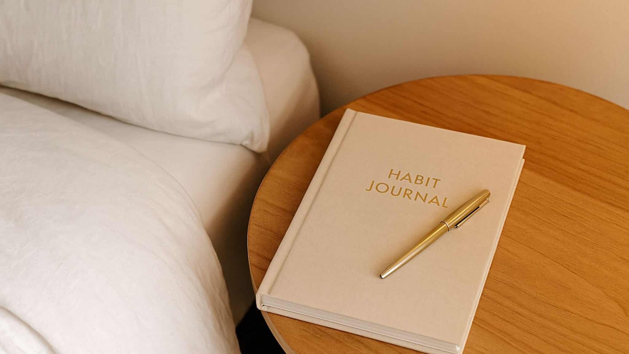 A beige habit journal with a gold pen on a wooden bedside table next to a neatly made bed with soft white linens.