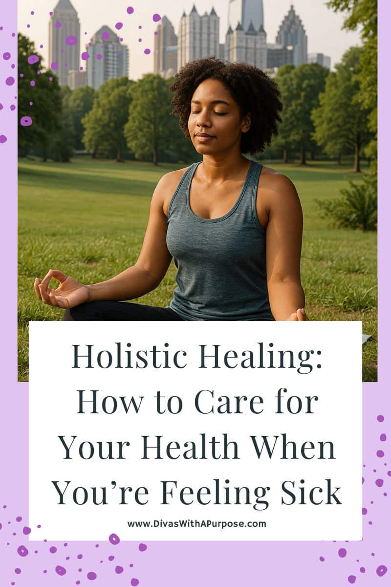 African American woman meditating on a yoga mat in Atlanta’s Piedmont Park at sunrise, representing holistic healing, balance, and self-care.