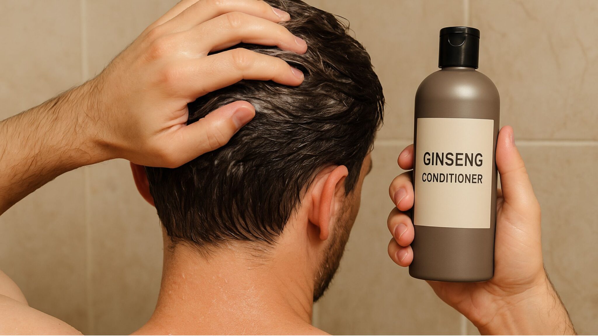 A man applies Panax ginseng hair conditioner to his hair in the shower, supporting scalp health and natural hair growth.