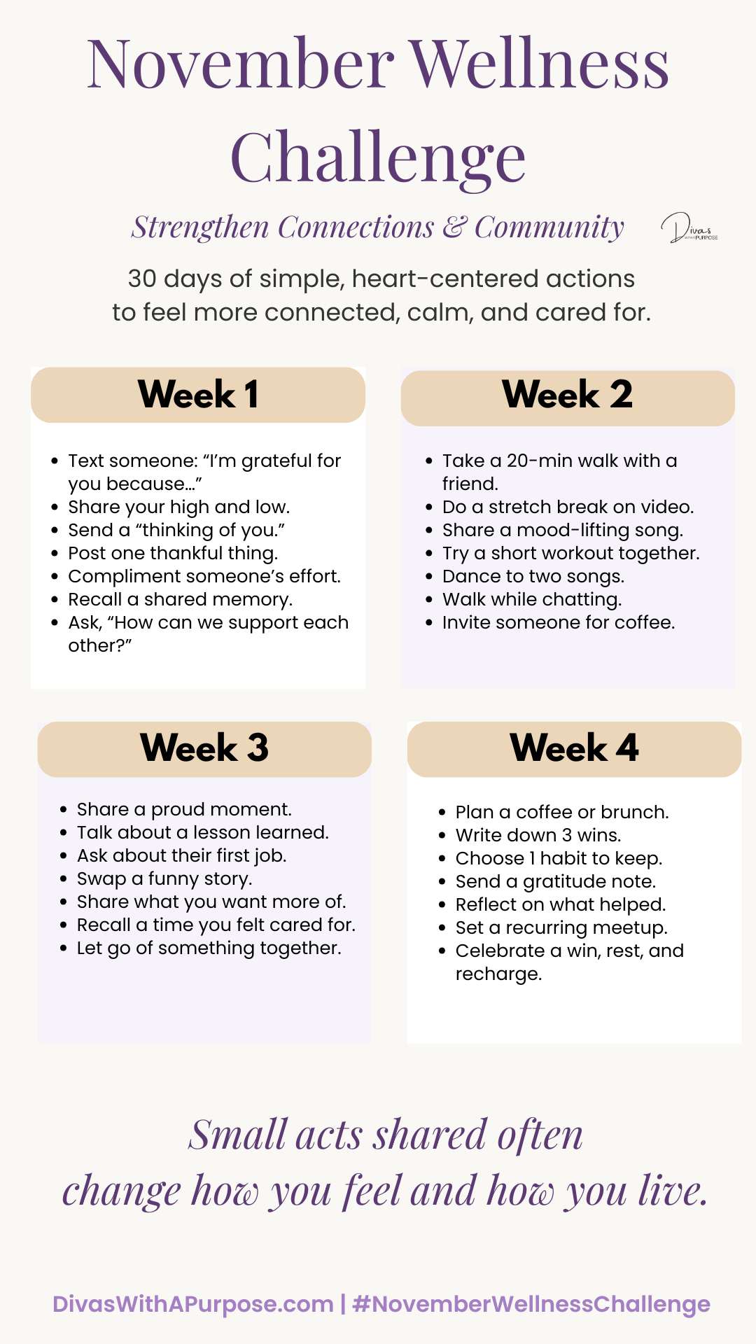 Text graphic listing a 30-day November Wellness Challenge with daily self-care and connection prompts focused on gratitude, movement, and building community. Designed in calming purple and gold tones with Divas With A Purpose branding.