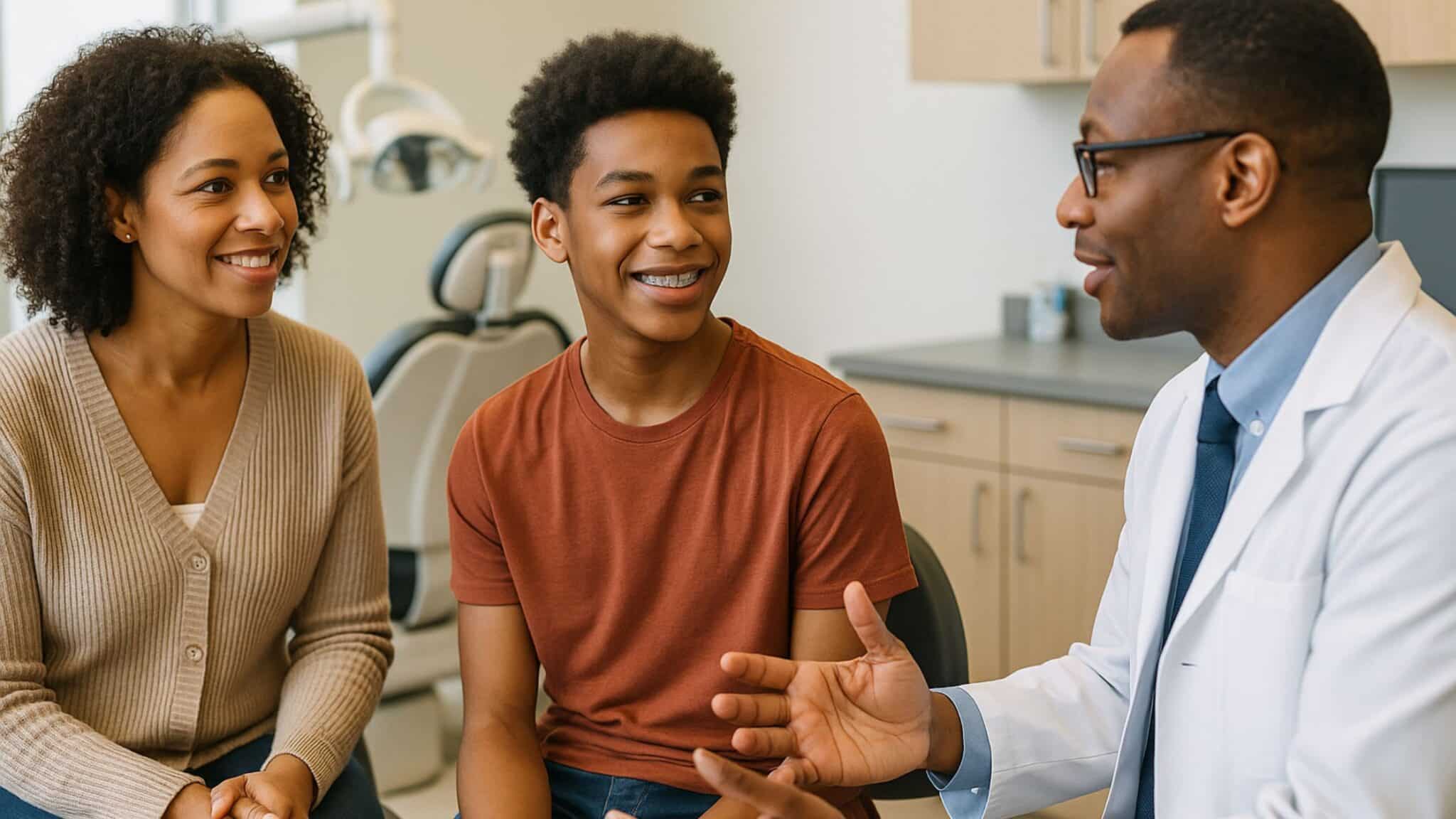 An African American teen with braces and their parent talking with an orthodontist in a modern Fort Lauderdale office, representing braces clinics for teen patients.