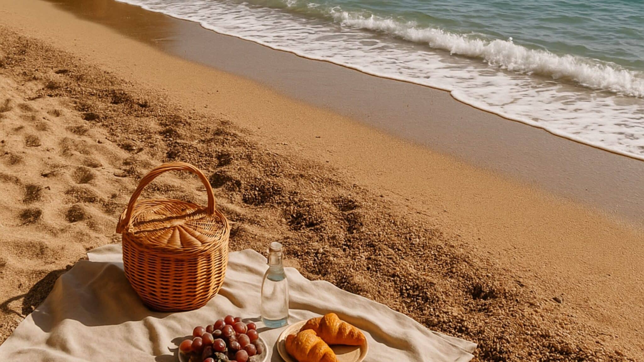 A woven picnic basket, plate of fruit, and croissants set on a blanket at the beach near gentle ocean waves under a bright blue sky.