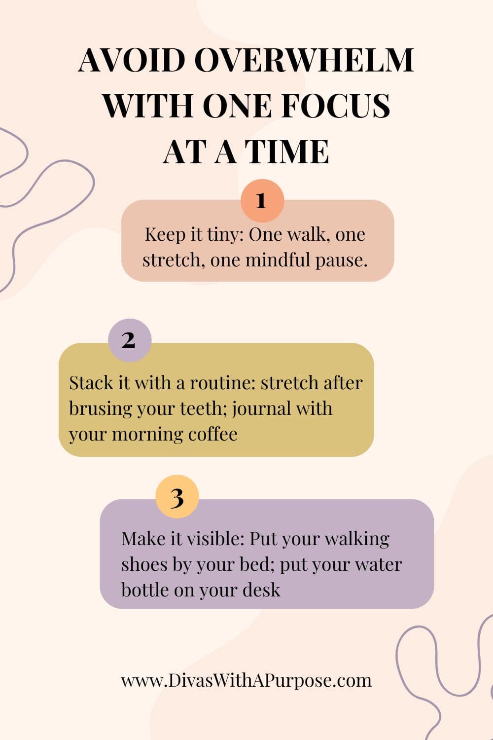 Infographic showing three tips for avoiding overwhelm by focusing on one wellness goal at a time.
