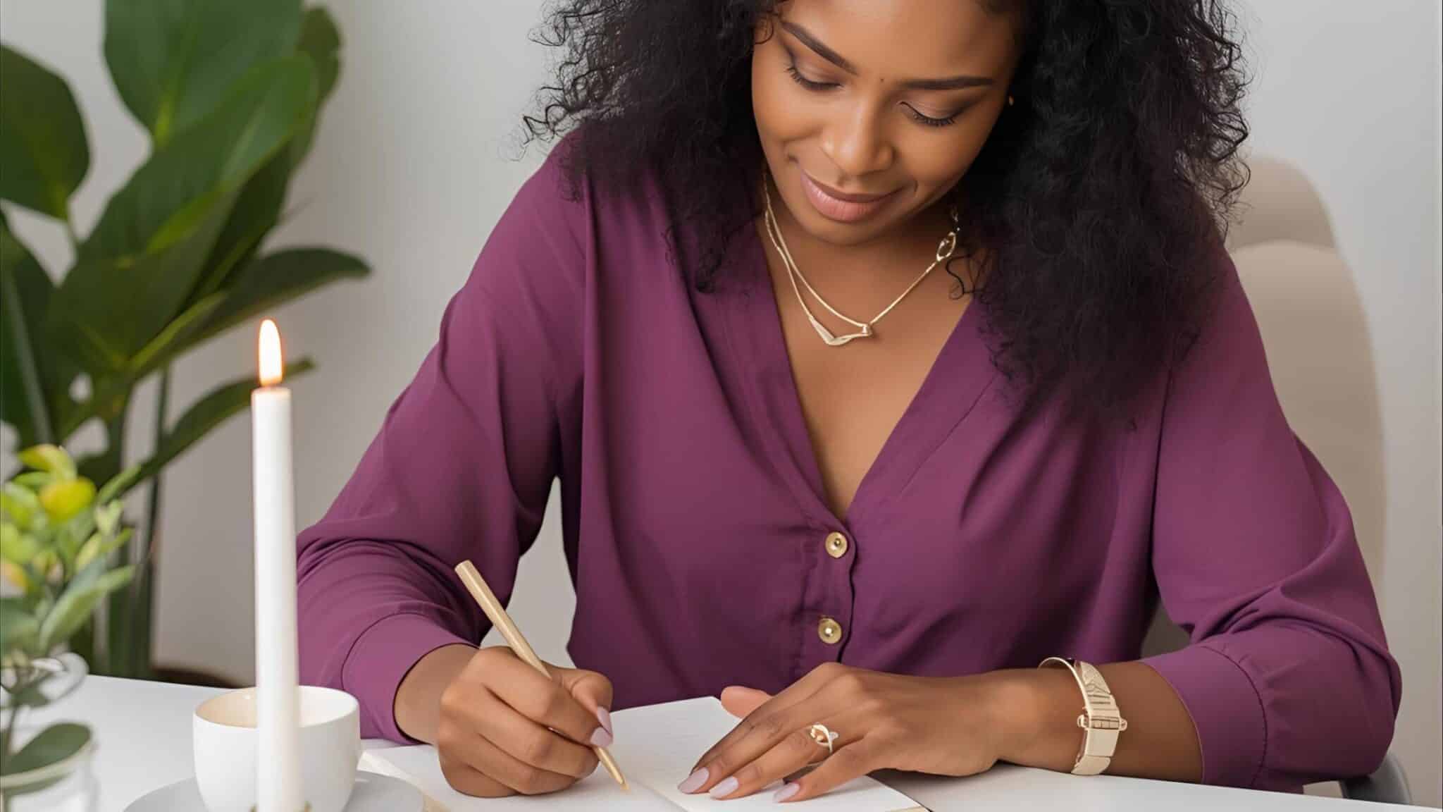 Woman journaling at a cozy desk with a candle and tea, reflecting on gratitude and connection as part of her wellness practice.