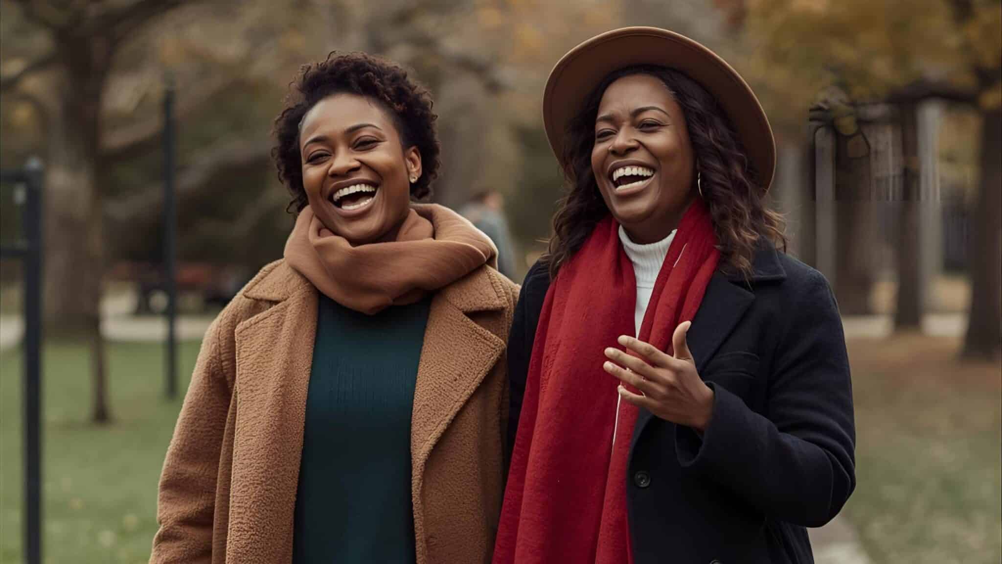 Two women walking outdoors on a fall day, enjoying conversation and light exercise as part of a wellness routine.