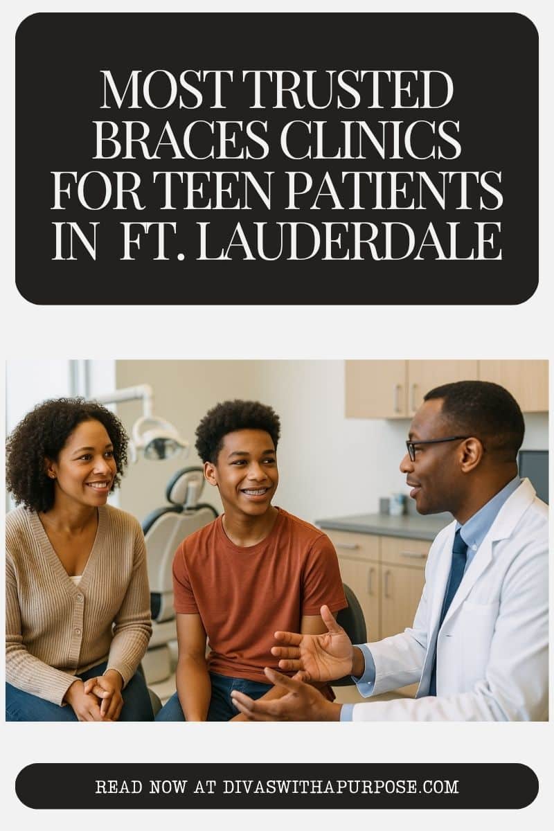 Pinterest image with An African American teen with braces and their parent talking with an orthodontist in a modern Fort Lauderdale office, representing braces clinics for teen patients.