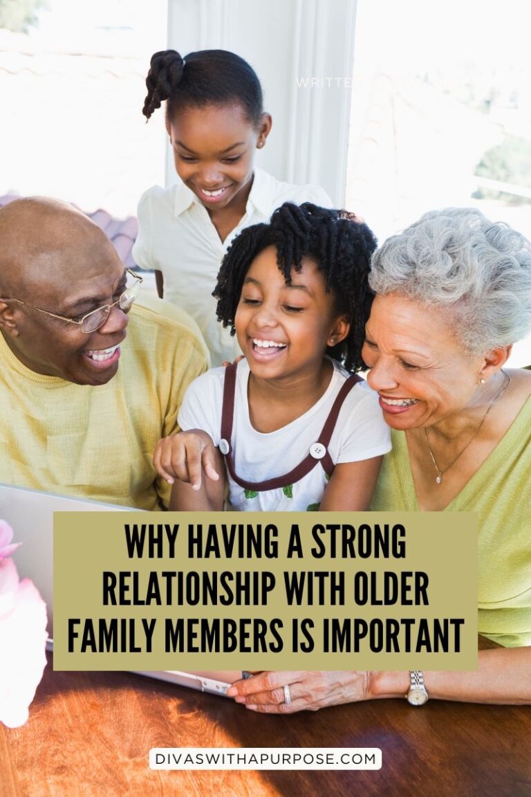Three generations of an African American family smiling and spending time together while looking at a tablet, representing the importance of relationships with older family members.