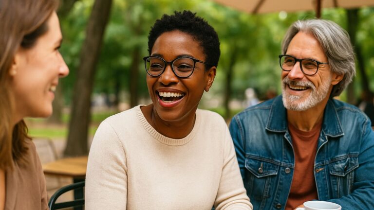 Black woman wearing hearing glasses laughing with friends at an outdoor café.