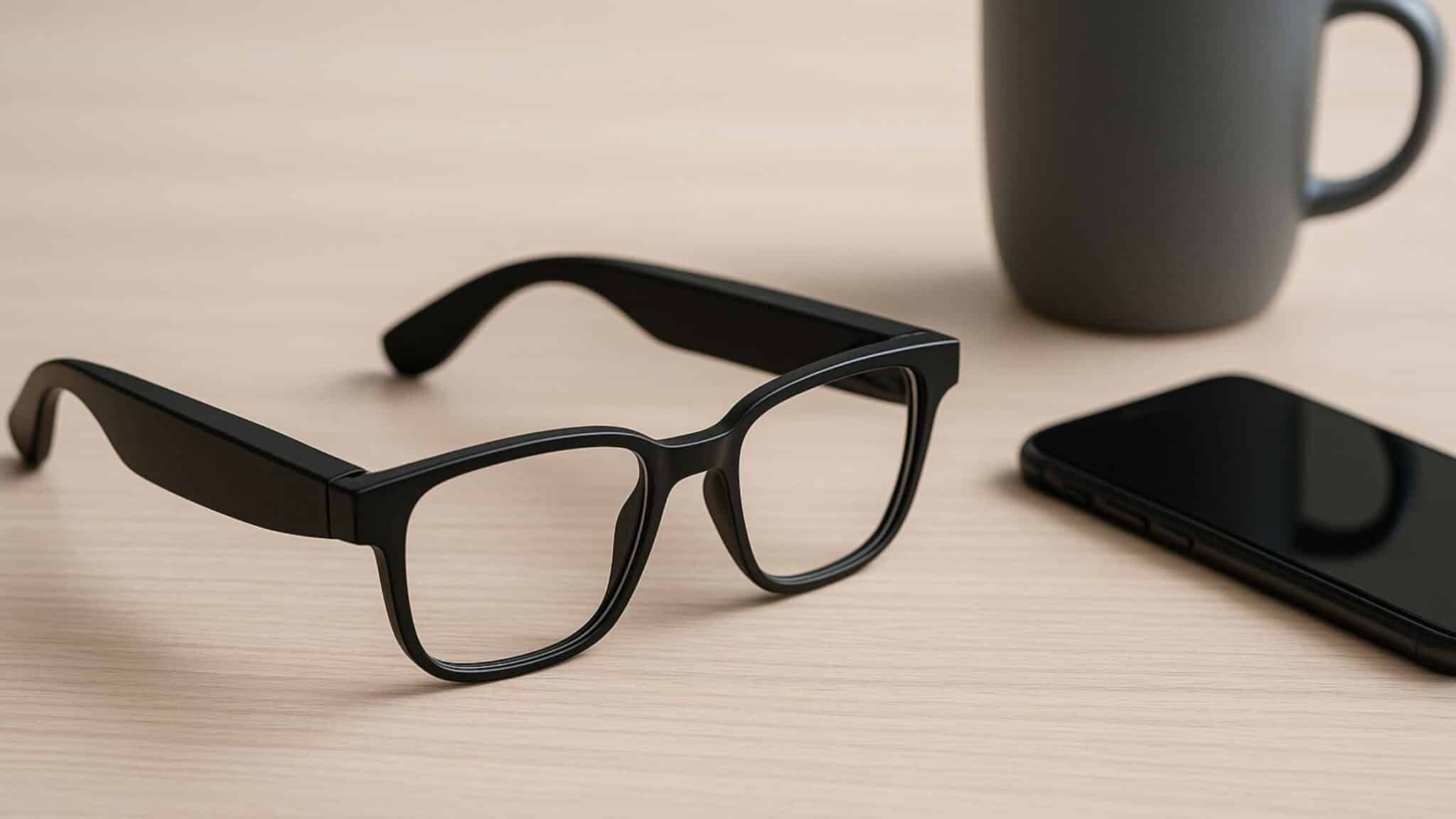Close-up of modern hearing glasses with smartphone and coffee cup on a wooden desk.