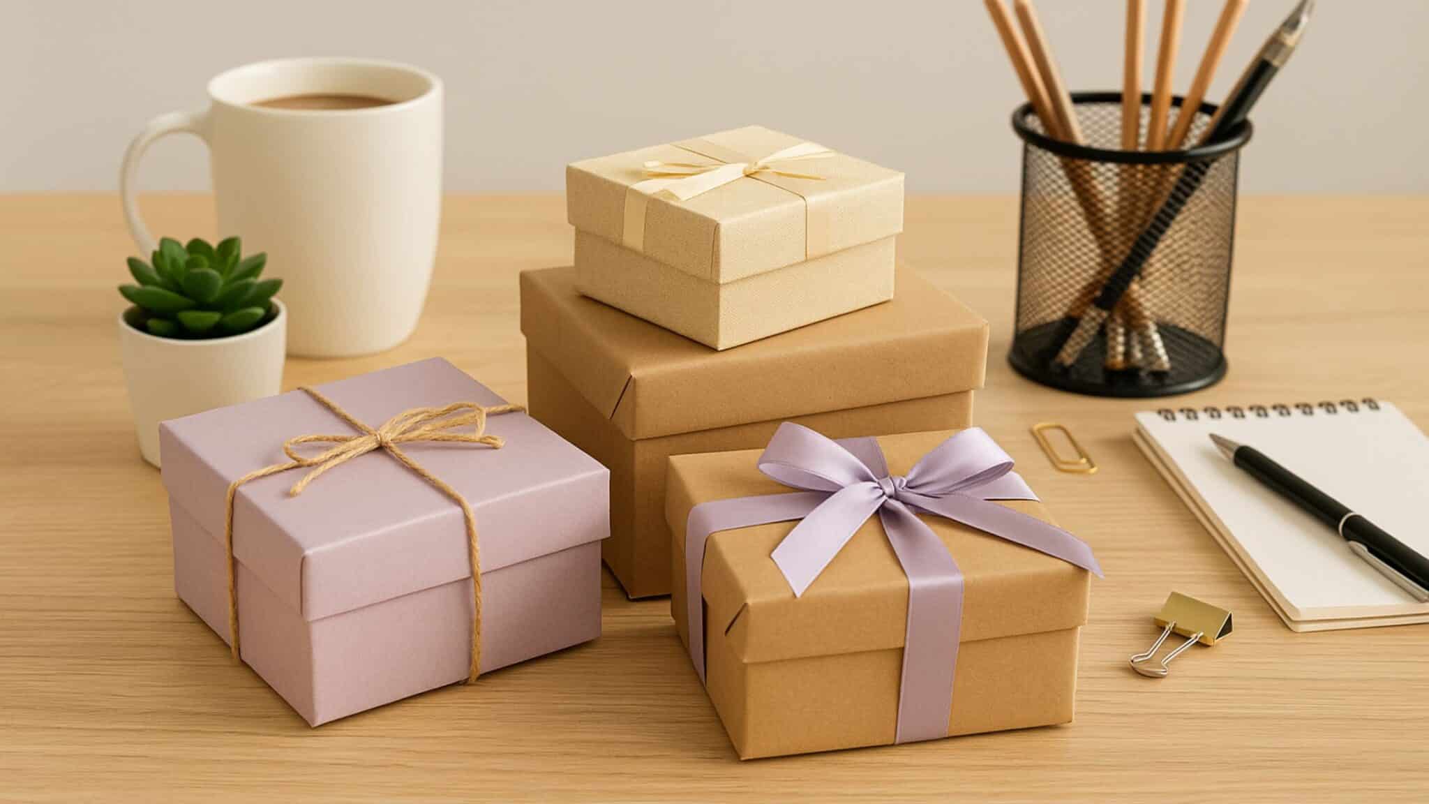 Beautifully wrapped small gifts on a tidy office desk with a mug and plant — thoughtful coworker gift ideas.