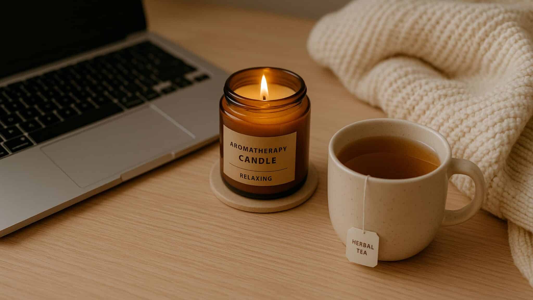 A warm desk setup with tea, candle, and blanket showing thoughtful self-care gifts for coworkers.