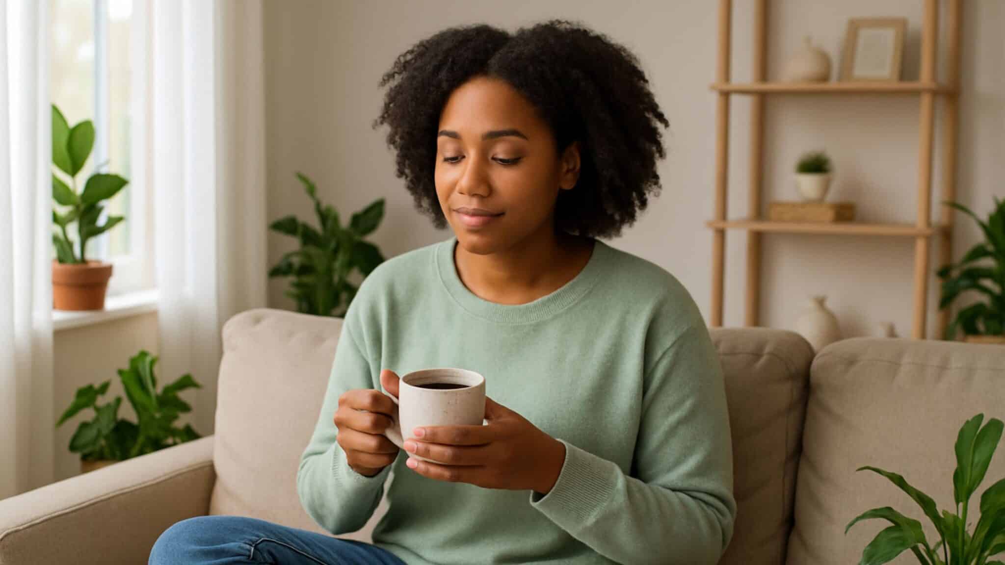 African American woman relaxing on a beige couch with a cup of herbal tea, surrounded by houseplants and sunlight, representing holistic healing in Atlanta.
