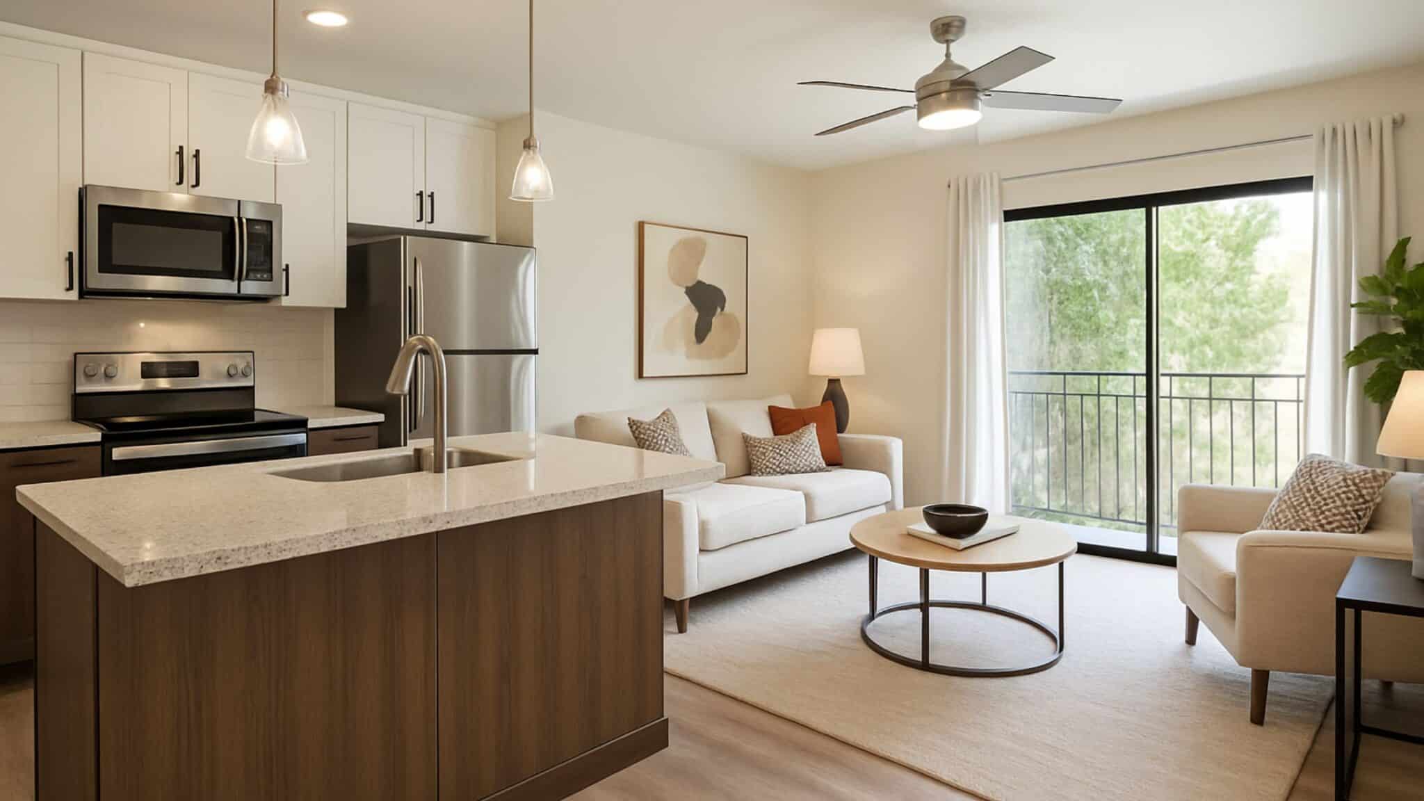 Modern renovated apartment kitchen and living area with stainless steel appliances, white cabinetry, and natural light.